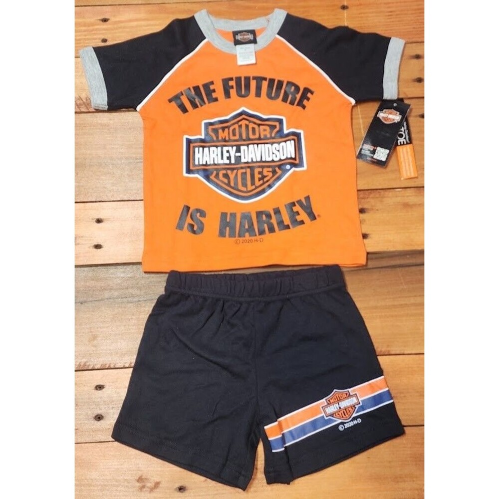 Harley Davidson HD Motorcycles 2pc Toddler T Shirt Shorts Set Sz 2T Orange Black